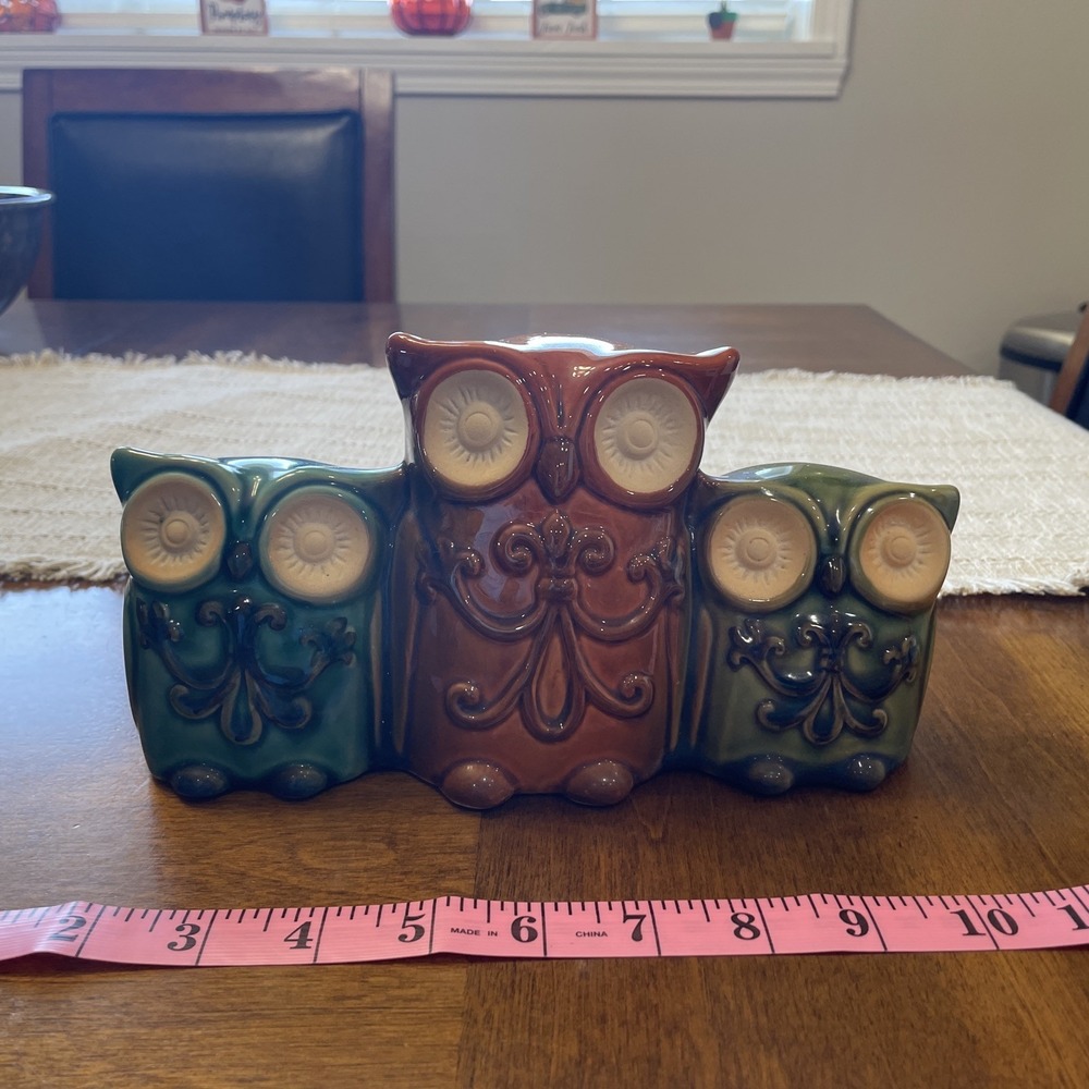 Glazed‎ Ceramic Pottery Owl Trio Decorative Figurine 9" x 5" Retro Home Decor